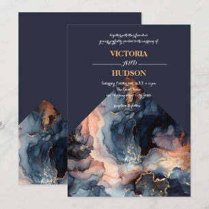 Convite Marinho Azul e Agate Marble Dourado