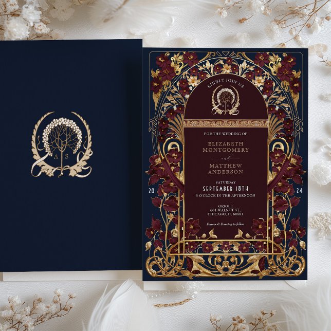 Convite Marinho Azul e Antiquado Casamento Floral Dourado (Criador carregado)