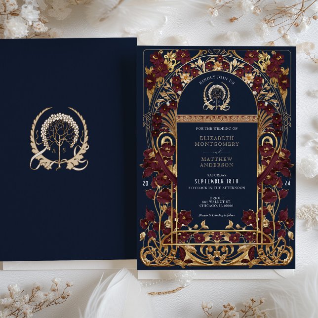 Convite Marinho Azul e Antiquado Casamento Floral Dourado (Criador carregado)