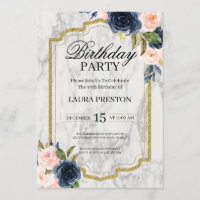 Marinho Azul e Azul Marble Floral Rosa - Aniversár