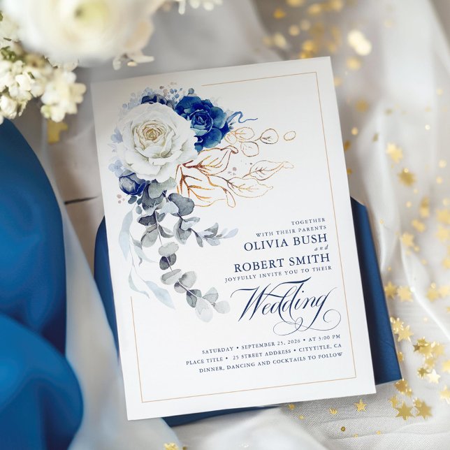 Convite Marinho Azul e Branco Boho Dourado Elegante Boho (Navy Blue and White Floral Wedding Invitation)