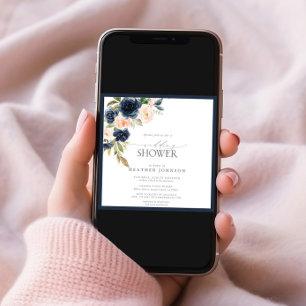 Convite Marinho Azul e Chá de casamento Floral de Aquarela