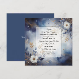 Convite Marinho Azul e Dourado Casamento Floral