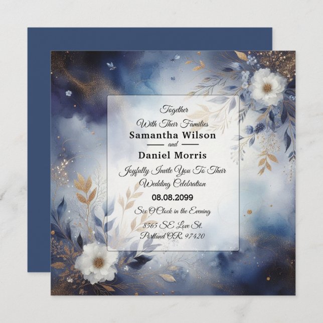 Convite Marinho Azul e Dourado Casamento Floral (Frente/Verso)