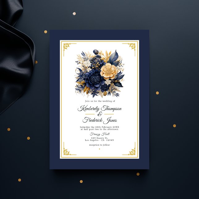 Convite Marinho Azul e Dourado Casamento Floral (Navy and Gold Floral Wedding)