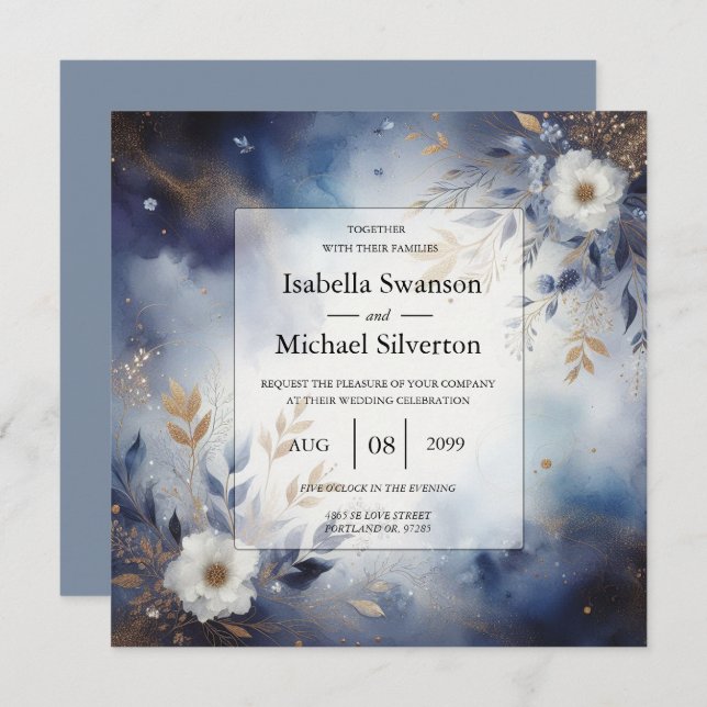 Convite Marinho Azul e Dourado Casamento Floral (Frente/Verso)