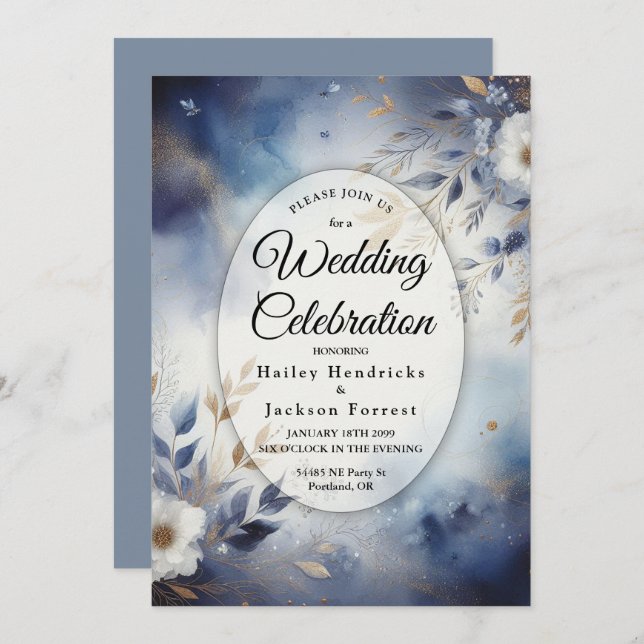 Convite Marinho Azul e Dourado Casamento Floral (Frente/Verso)