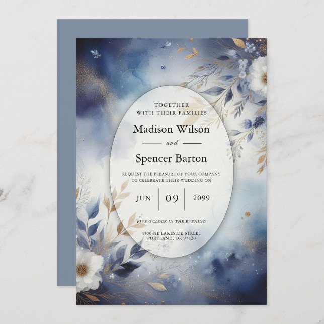 Convite Marinho Azul e Dourado Casamento Floral (Frente/Verso)