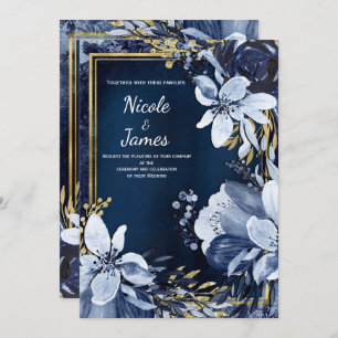 Convite Marinho Azul e Dourado Casamento Floral de Cor de 