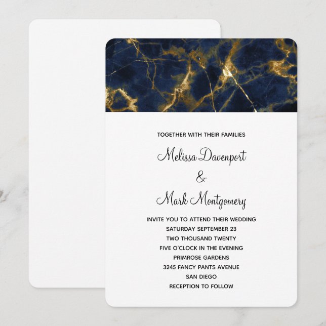 Convite Marinho Azul e Dourado Marble Modern Casamento com (Frente/Verso)
