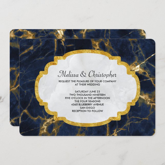 Convite Marinho Azul e Dourado Marble Modern Casamento com (Frente/Verso)