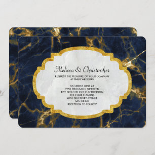 Convite Marinho Azul e Dourado Marble Modern Casamento com