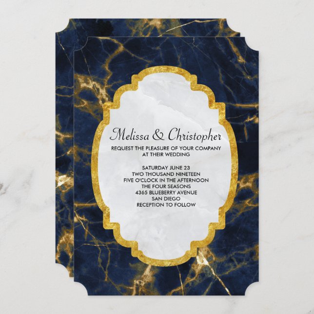Convite Marinho Azul e Dourado Marble Modern Casamento com (Frente/Verso)
