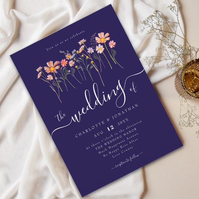 Convite Marinho Azul e Espelho Elegante de Flores Selvagen (Wildflower meadow rustic boho floral navy blue blush pink wedding white elegant modern script)