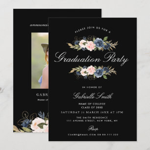 Convite Marinho azul e festa de formatura floral pincelada