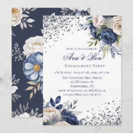 Convite Marinho Azul e Festa de noivado Floral de Marfim