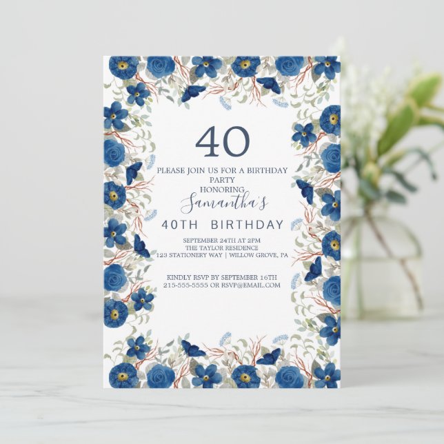 Convite Marinho Azul e Flores do aniversário de 40 anos (Em pé/Frente)