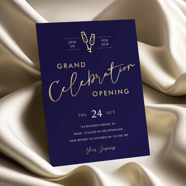 Convite Marinho Azul e Inverso do Chic - Grande Abertura d (Elegant navy and faux gold business grand opening invitation)