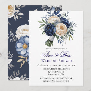 Convite Marinho Azul e Ivory Floral Chá de casamento