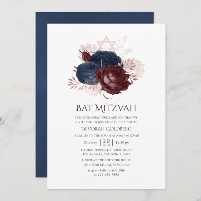 Convite Marinho Azul e Maroon Floral Bat Mitzvah (Frente/Verso)