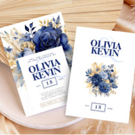 Convite Marinho azul e ouro elegante cor d'água floral de
