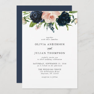 Convite Marinho Azul e Rosa de Blush Casamento Floral de A