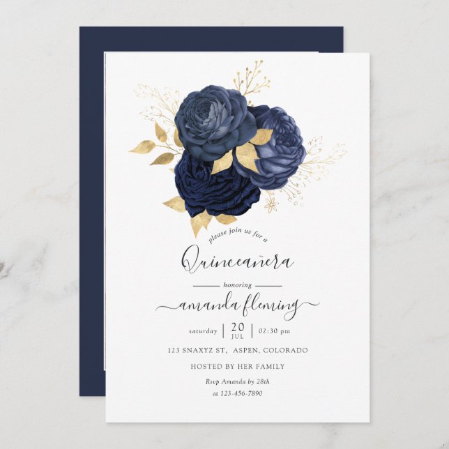 Convite Marinho Azul e Rosa de Quinceañera, Dourado, Foto (Frente/Verso)