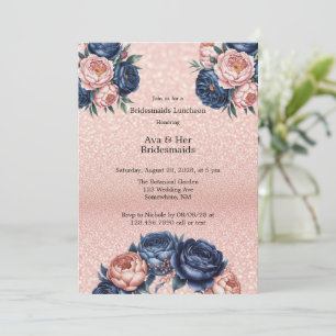 Convite Marinho Azul e Rosa Dourado Bridesmaids Floral Lun