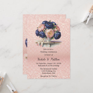 Convite Marinho Azul e Rosa Dourado Casamento Floral