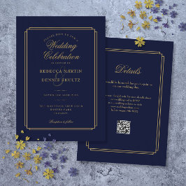 Convite Marinho Azul e Script Dourado Código QR Casamento
