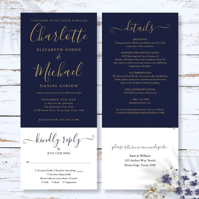 Convite Marinho Azul E Script Dourado Tudo Em Um Casamento (Navy Blue And Gold Script All In One Wedding Invitation)