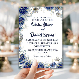 Convite Marinho Azul e Silver Casamento Floral de Marfim m