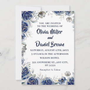 Convite Marinho Azul e Silver Casamento Floral de Marfim m