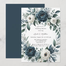 Convite Marinho Azul e Silver Chá de casamento Floral de M