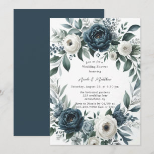 Convite Marinho Azul e Silver Chá de casamento Floral de M