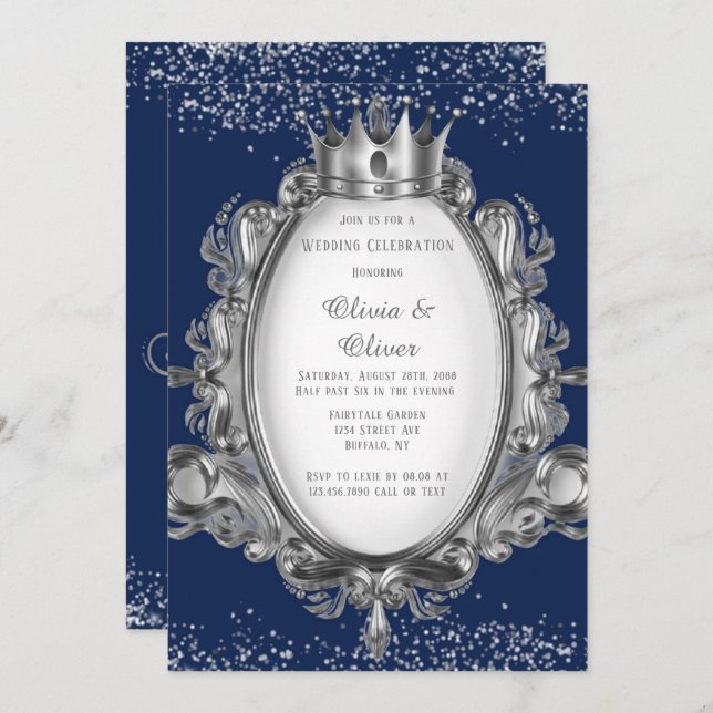 Convite Marinho Azul e Silver Frame Glitter Casamento Real (Frente/Verso)