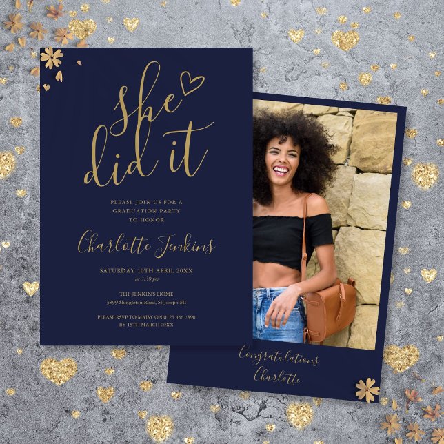 Convite Marinho Azul Ela Fez Isso Script De Festa de forma (Navy Blue She Did It Script Photo Graduation Party Invitation)