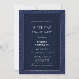 Convite Marinho azul Elegante e Silver 50º Janto de aniver