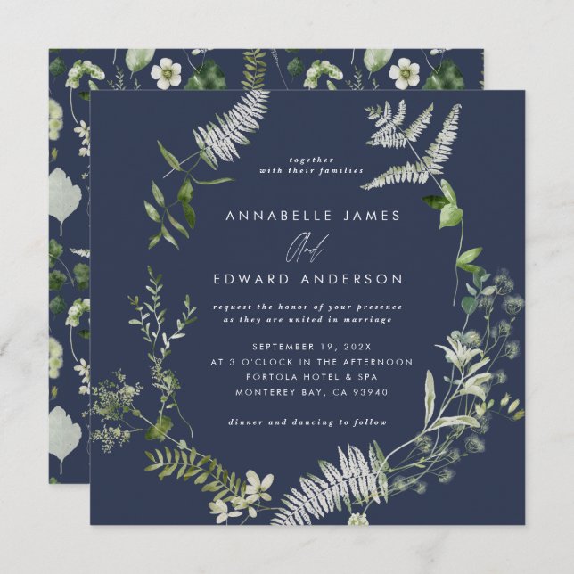 Convite Marinho azul elegante script botânico moderno casa (Frente/Verso)