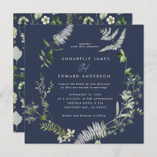 Convite Marinho azul elegante script botânico moderno casa