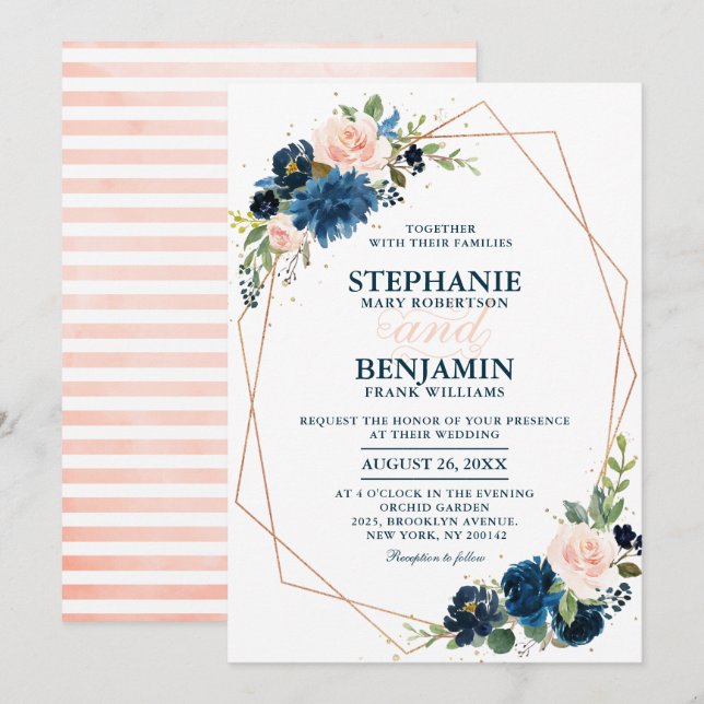 Convite Marinho Azul Escamudo Rosa Rosa Rosa Boho Casament (Frente/Verso)