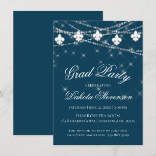 Convite Marinho Azul Fleur de Lis Fairy Light   Graduação