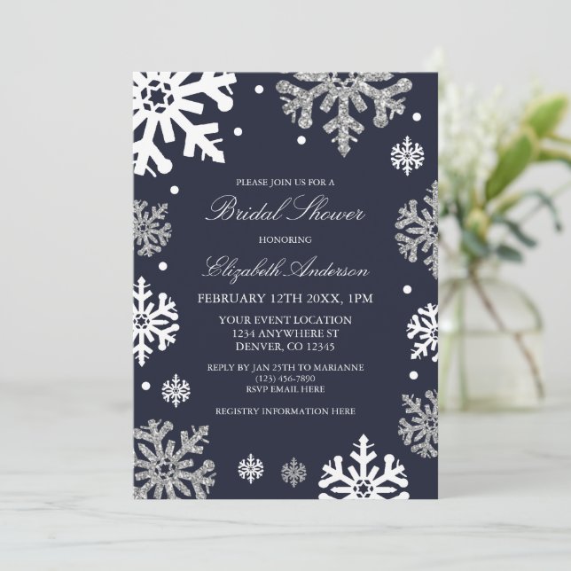 Convite Marinho Azul Flocos de neve Chá de panela de inver (Em pé/Frente)