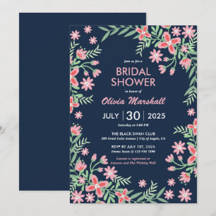 Convite Marinho   Azul Flor Cor-de-rosa Chá de panela Flo