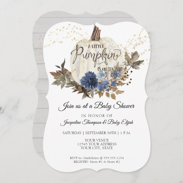 Convite Marinho Azul Floral Branco Madeira w Chá de fralda (Frente/Verso)