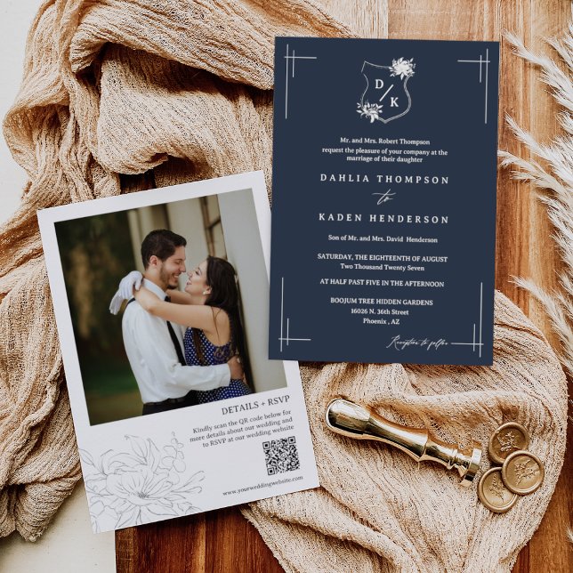 Convite Marinho Azul Floral Casamento de Crest Código QR F (Criador carregado)
