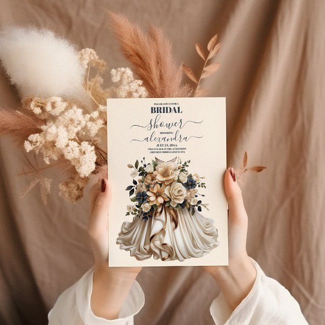 Convite Marinho  Azul Floral Chá de panela de Vestido (Criador carregado)