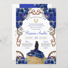 Convite Marinho Azul Floral Charro Western Quinceanera