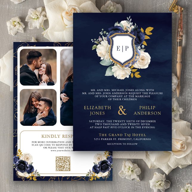 Convite Marinho Azul Floral Código QR Foto Crest Casamento (Criador carregado)
