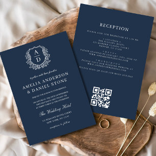 Convite Marinho Azul Floral Crest Monograma Casamento Códi